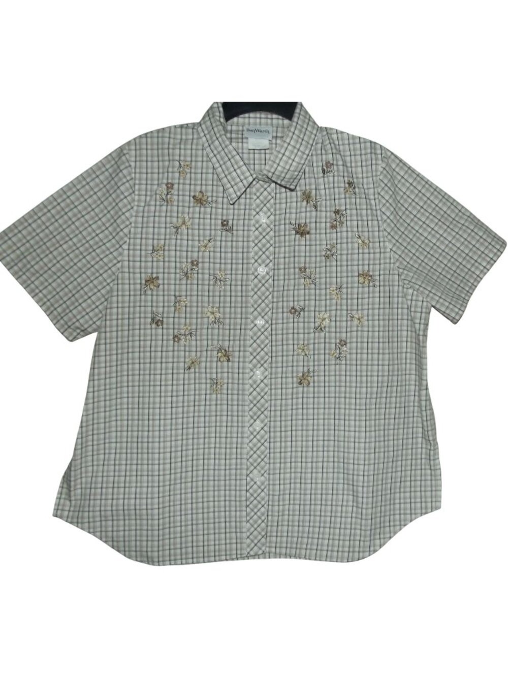 Bon Worth Shirt Womens Size MP brown tan floral embroidery Plaid Button PM
